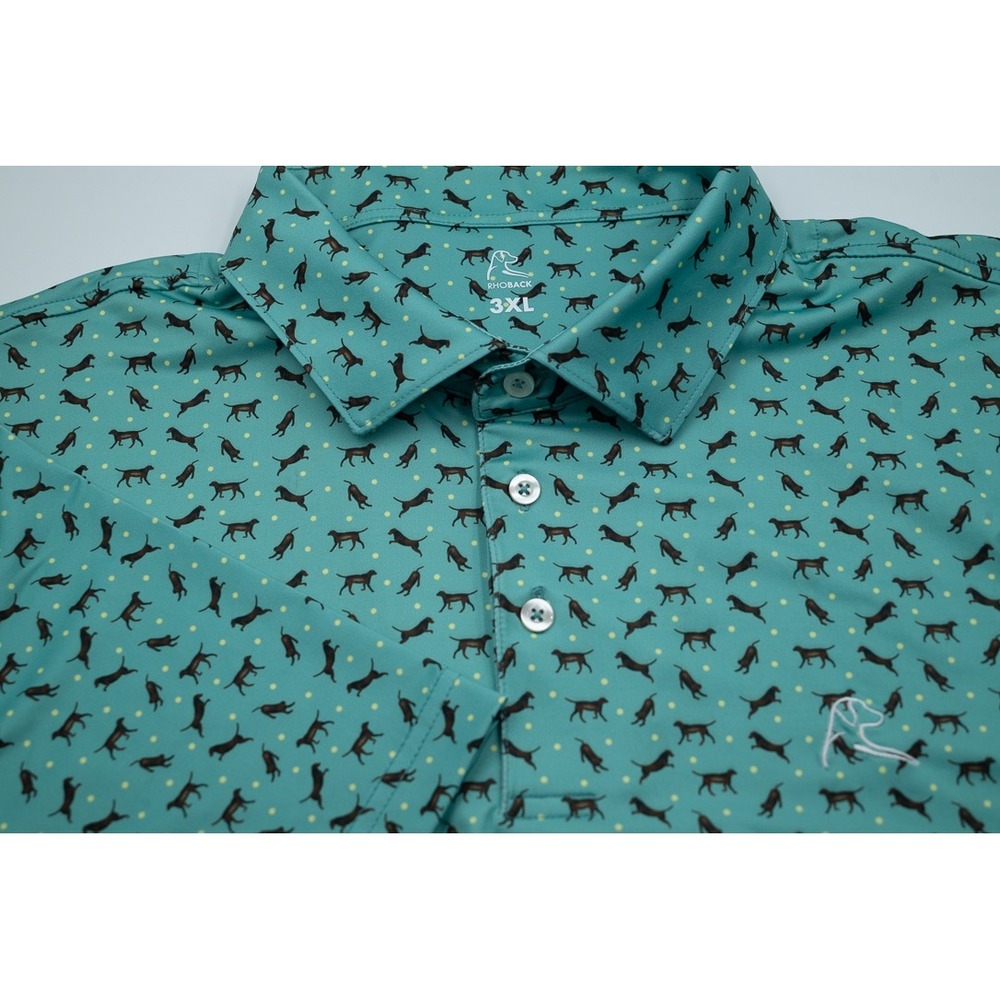 Rhoback Mens 3XL Performance Polo Shirt Teal Chocolate Lab Dog Polka Dot Print
